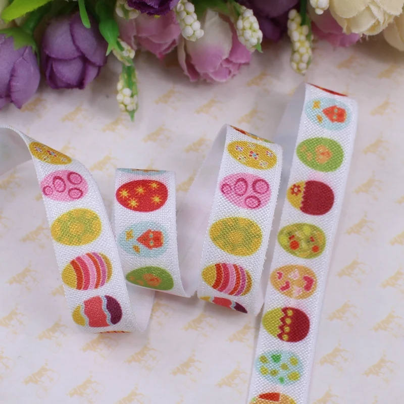 5/8" 15mm Heat Transfer Colourful Eggs Printed FOE Fold Over Elastic Ribbon For Easter Decoration 100Yards