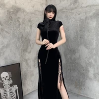 women retro vintage cheongsam dresses party long split slim bodycon dress black 2021 new female casual fashion velvet vestidos