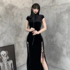 Женские винтажные платья-Ципао в стиле ретро, вечернее облегающее платье с длинным разрезом, черное повседневное модное бархатное платье, новинка 2021