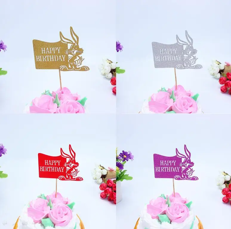 

10pcs Cartoon Rabbit Happy Birthday Cake Flag Topper Multi Colors Animal Flags For Wedding Birthday Party Cake Baking Decoration