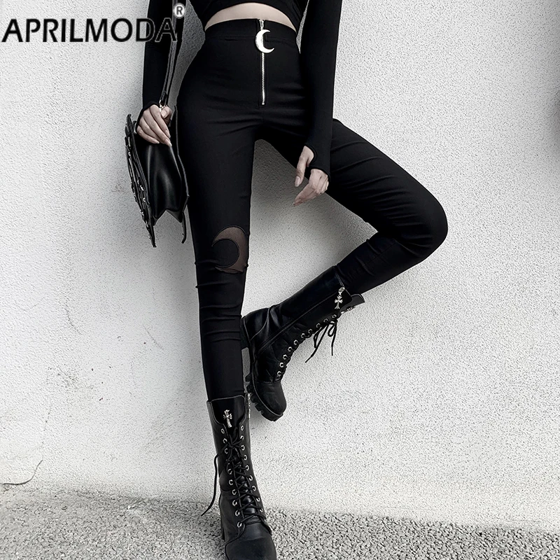 

Гранж черные узкие брюки с высокой талией готические Луна молния выдалбливают Bodycon женские длинные брюки повседневные уличные винтажные бр...