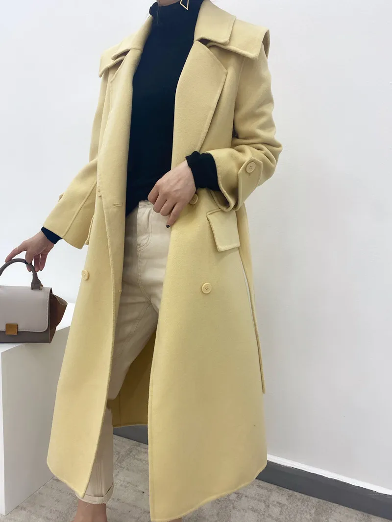 

Korean double breasted double faced cashmere coat women's long knee high end Hepburn loose woolen coat autumn and winter
