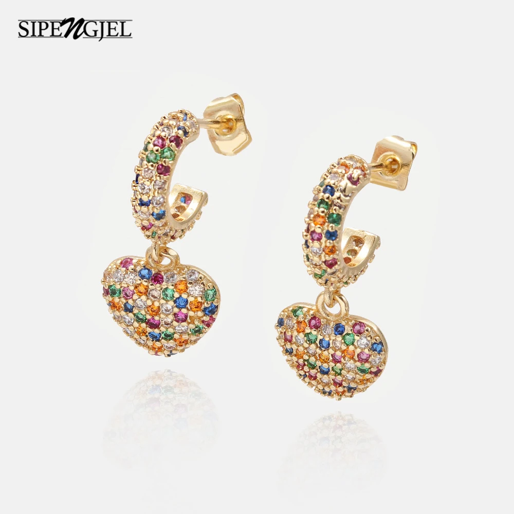 Модные серьги с кубическим цирконием и радужным сердцем Разноцветные фианитами