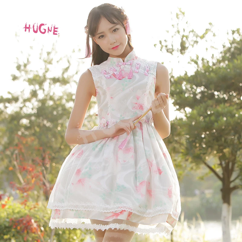 

Vintage Chinese Lolita Dress Sweet Fish Printed Sleeveless Short Dress