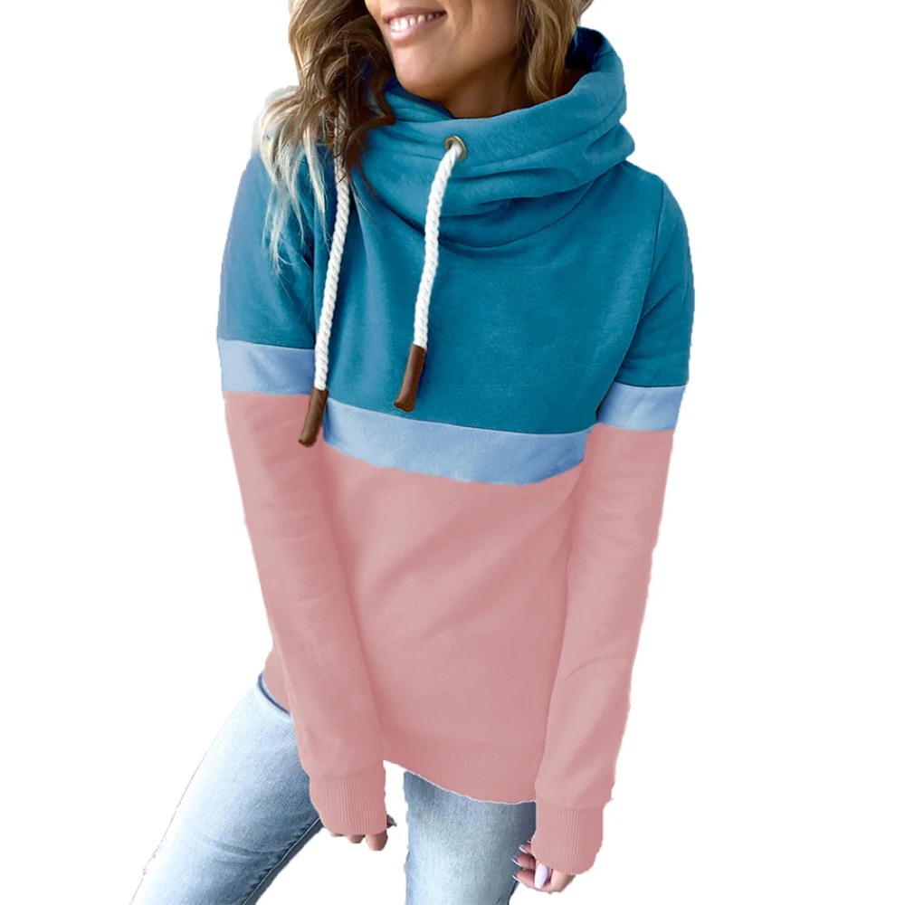 

Harajuku Sweatshirts Winter Tops Ladies Hooded Sweater High Collar Color Stitching Hoodies Autumn Warm Causal Hoodies Women