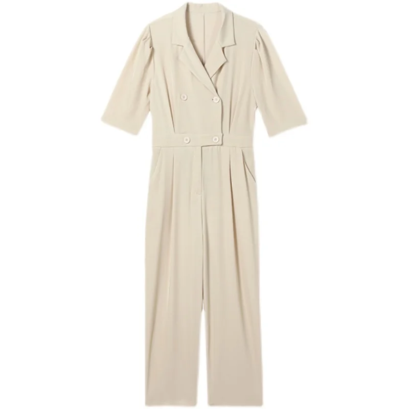 

2021 Summer Overalls for Women Fashion Elegant Double Breasted Beige Suit Jumpsuit Loose Casual One Piece Calf-Length Pants Sets