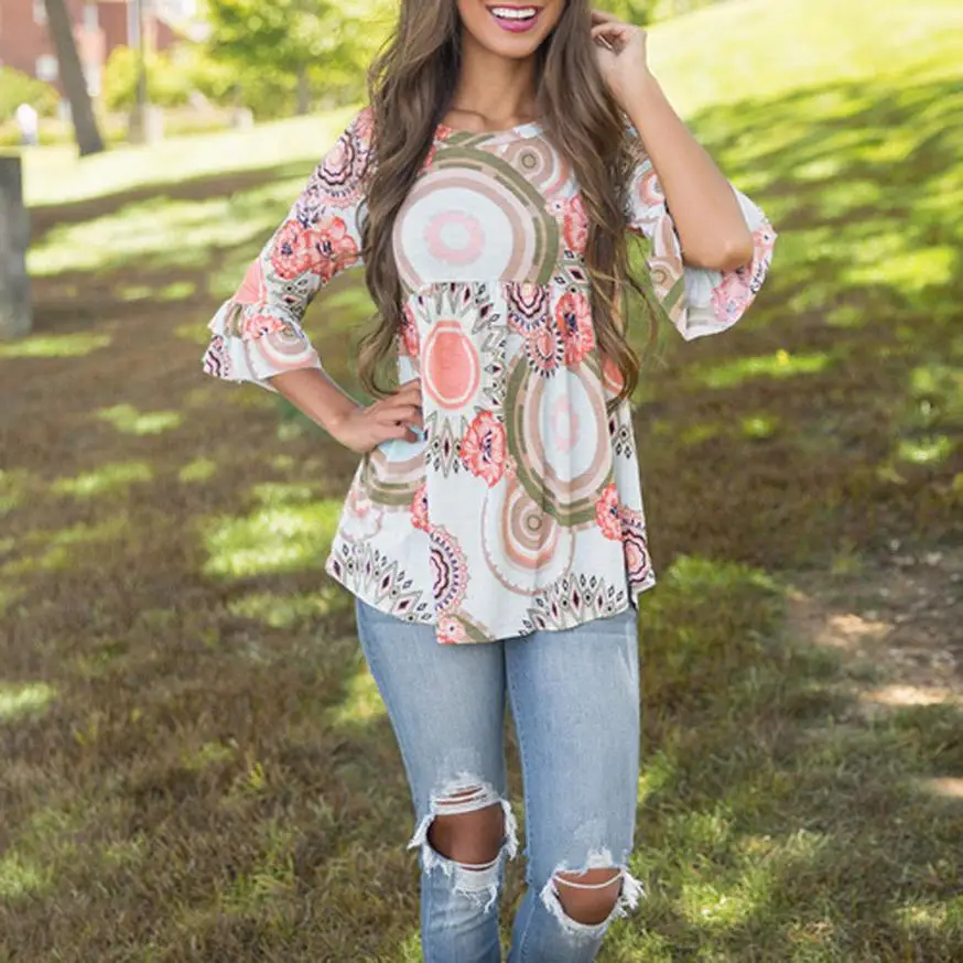 Цветочные Печатные Элегантные блузки 2019 осенние модные женские топы с круглым