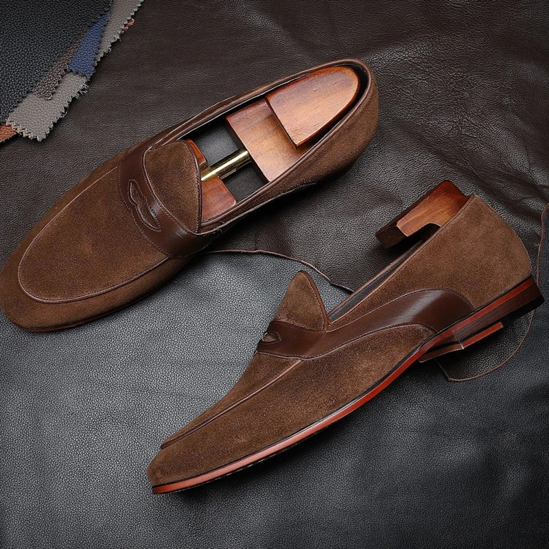 

New Fashion Genuine Leather Men's Comfortable Moccasin Shoes Round Toe Slip on Cow Suede Penny Casual Loafers For Male SG248