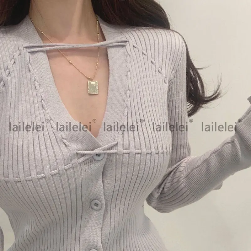 

Knitted Long Sleeve Button Robe Bandage V-Neck Short Dress Sexy Party Bodycon Striped Dress Elegant Spring Summer Vestido Cortos