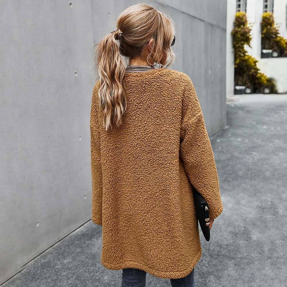 

Thick Winter Women Casual Solid Long Faux Fur Jackets Warm Cardigan Female Teddy Plush Coats Sweatshirt Outerwear Overcoats