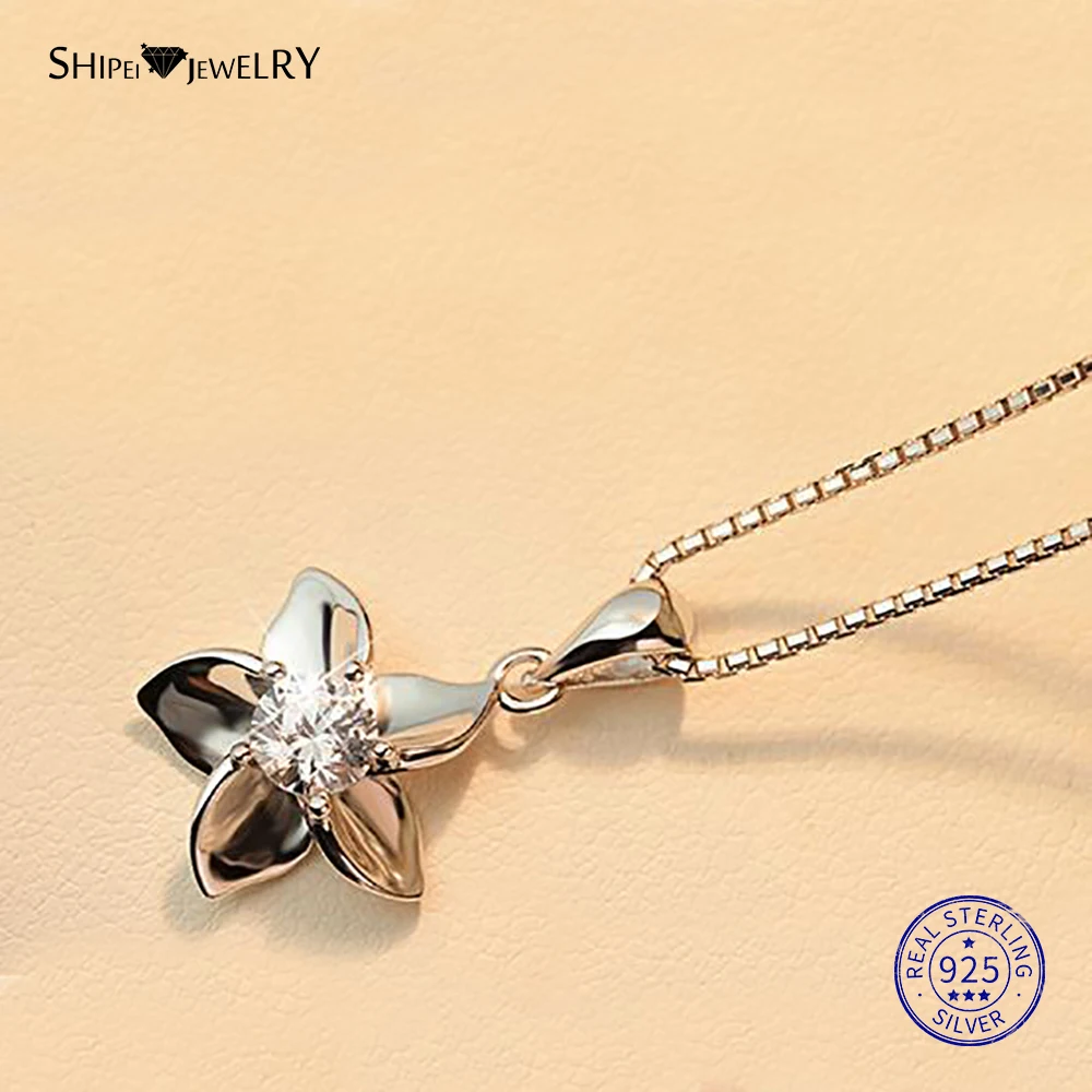 Женский кулон с цветком из белого сапфира Shipei 100% Стерлинговое Серебро 925 пробы