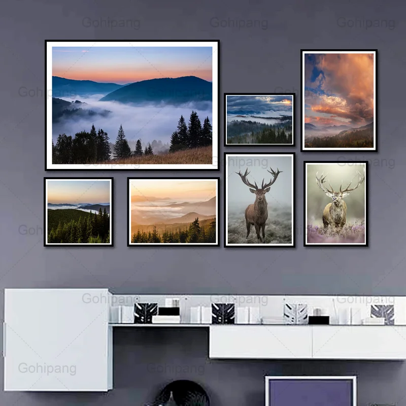 

Landscape Canvas Painting Forest Mist Sunrise Deer Scenery Home Wall Poster Prints Modern Living Room Decorative Art Painting