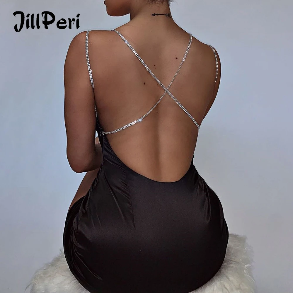 JillPeri Women Diamond Strip Backless Party Mini Dress Sexy Sparkle Sheath Night Club Wear Black Satin Dress
