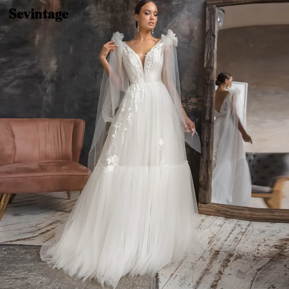

Sevintage Applique Lace Wedding Dress Boho Backless Beach Wedding Party Gowns 2021 Tiered Tulle Princess Bridal Gown Plus Size