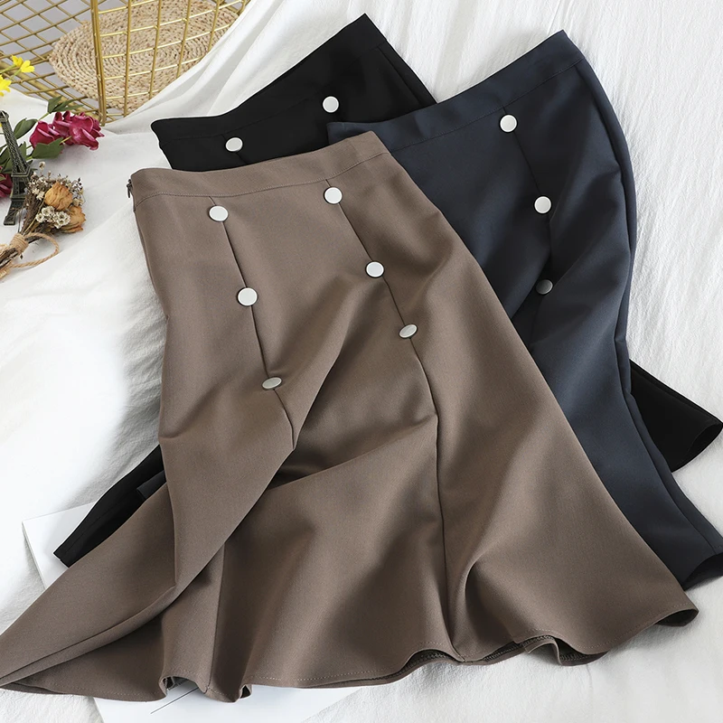 

High Waist Hip Temperament Mermaid Skirt Women Double Breasted Design Solid Jupe Femme Summer 2020 New Faldas