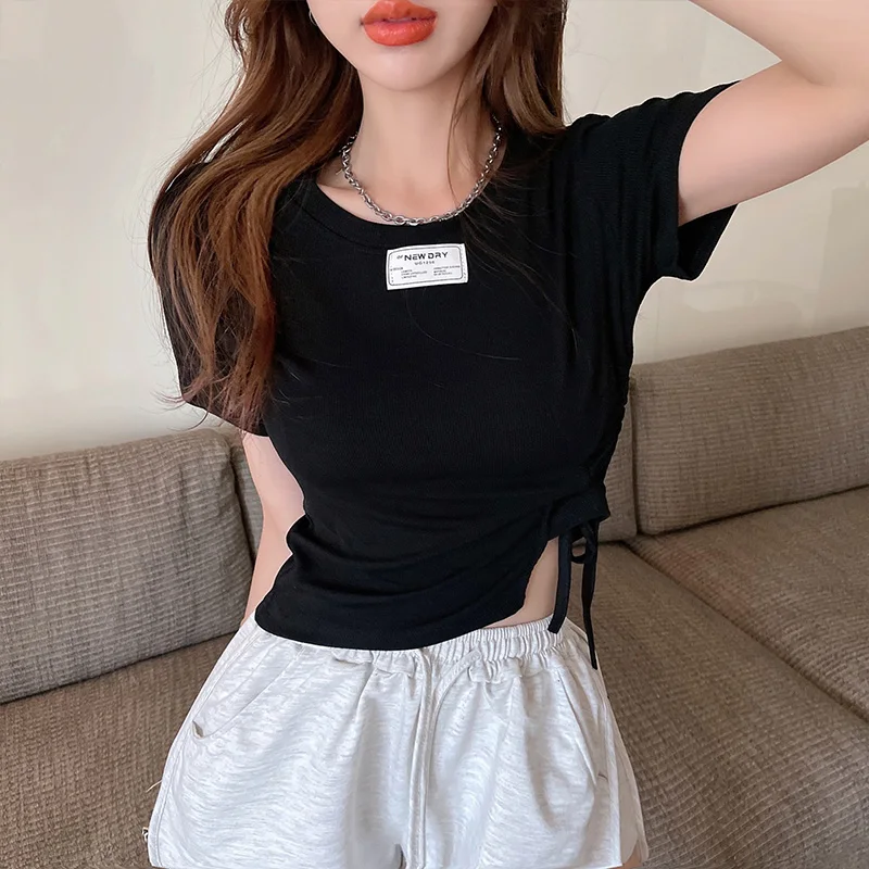 

Футболка женская в рубчик с завязками, базовый облегающий топ в стиле Харадзюку, пуловер с круглым вырезом, базовая одежда