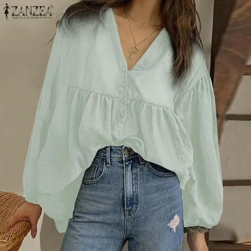 

Женская Элегантная блузка с длинным рукавом-фонариком ZANZEA, летняя Однотонная рубашка с V-образным вырезом, повседневные офисные блузы, своб...