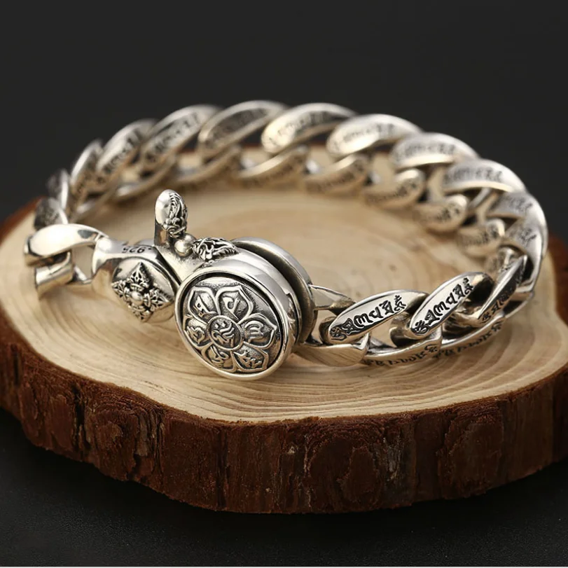 

S925 sterling silver big vintage trend wild vajra bracelet men Thai silver six-character mantra bracelet male jewelry