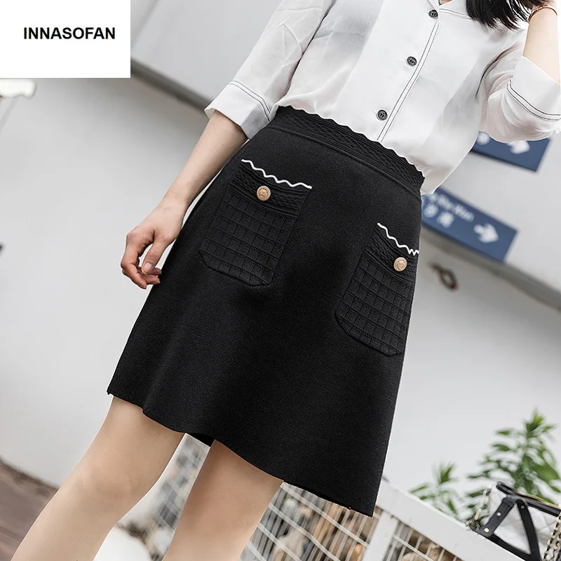 INNASOFAN трикотажная Мини-юбка Женская осенне-зимняя юбка с высокой талией модная