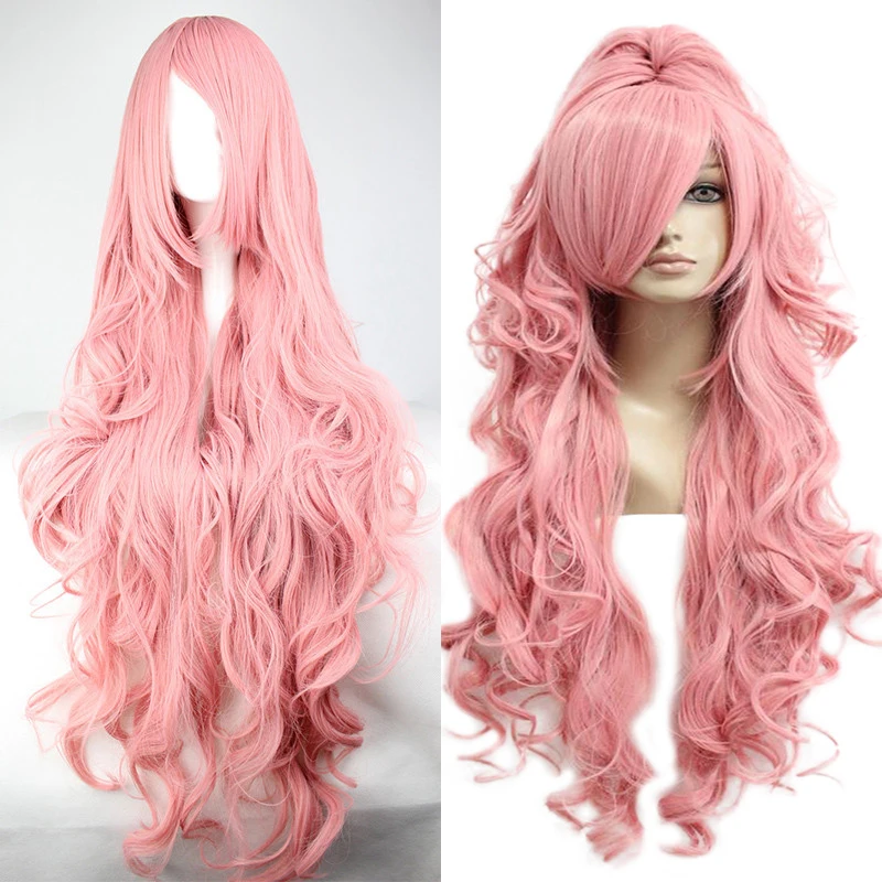 

Vocaloid Women Megurine Luka cosplay wig Pink long wavy hair wig with Ponytail + Free Wig Cap