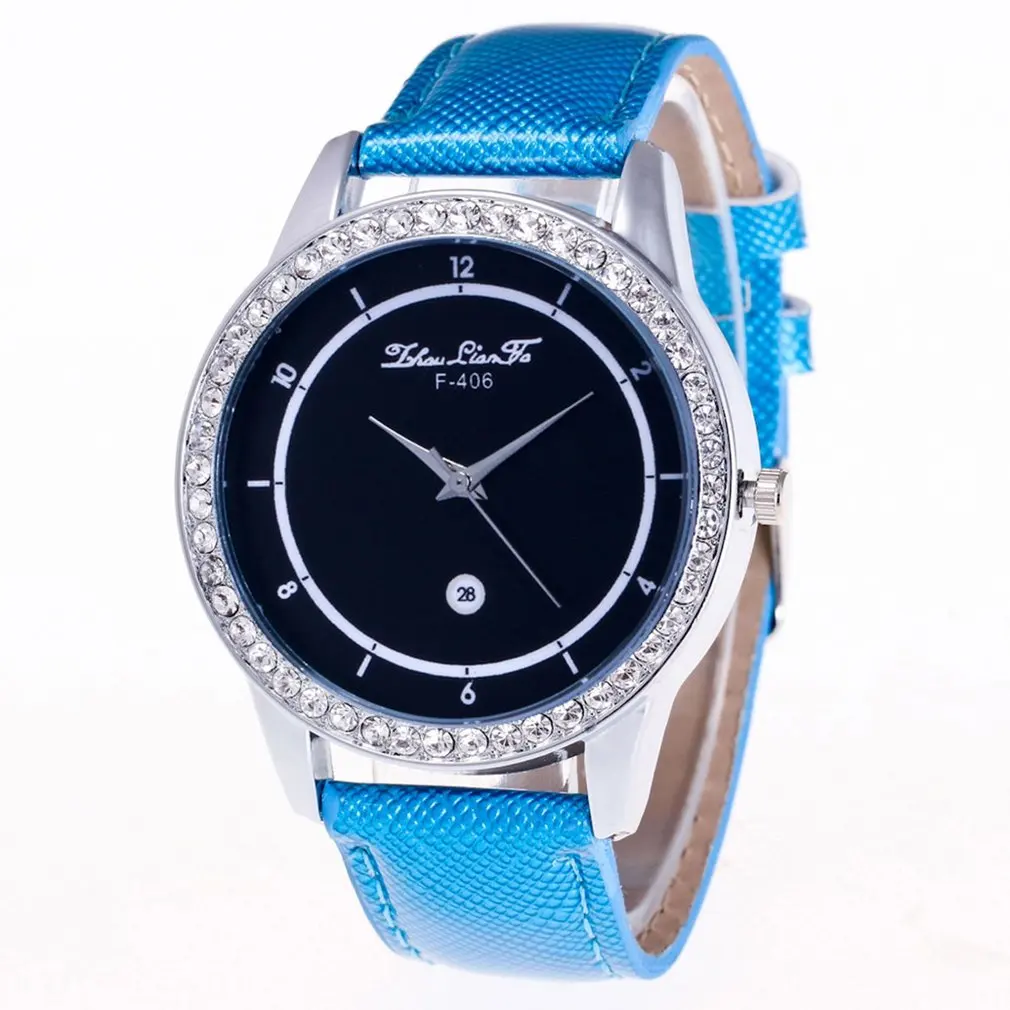 Shiny Light Blue Quartz Watch Female Simple Pattern Leather Strap Round Dial Exquisite Workmanship for Dropshipping | Наручные часы