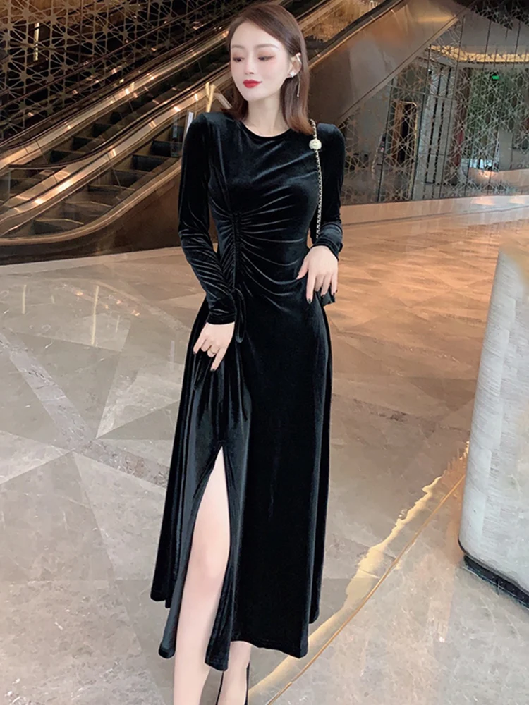 

Женское осеннее платье, черное бархатное платье с кулиской, Vestidos 2021, дизайнерское Брендовое модное высококачественное сексуальное праздни...