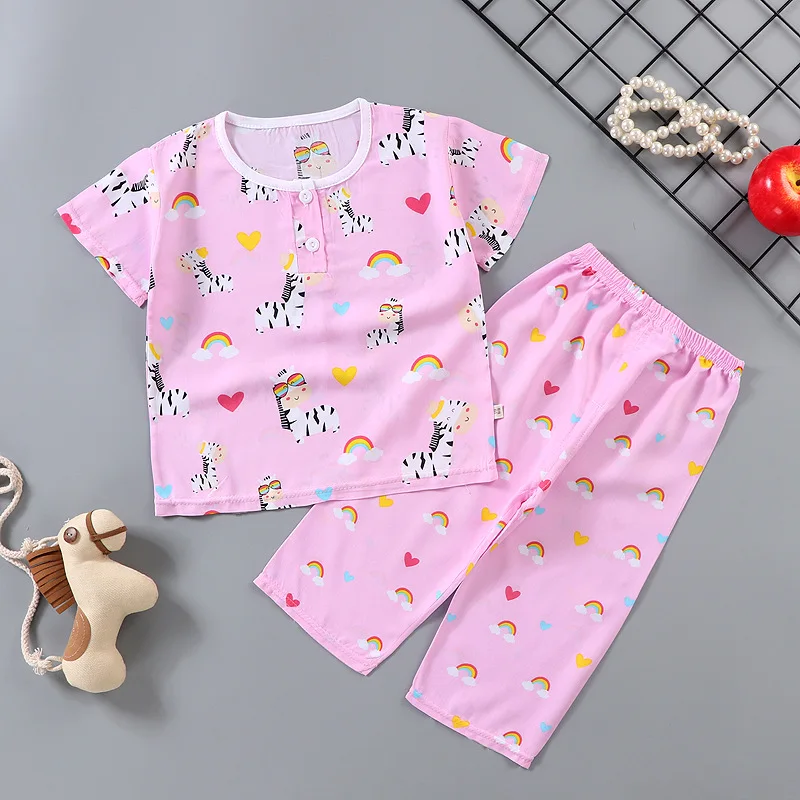 Детские пижамы Летний Тонкий хлопковый домашний костюм с футболкой короткими