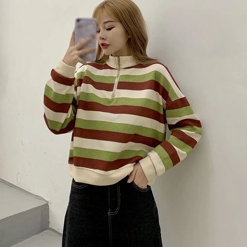

Spring Autumn Women Thin Stand Collar Zipper Long Sleeve Striped Small Frensh Sweater Top T-Shirt Loose Knitted Blouse