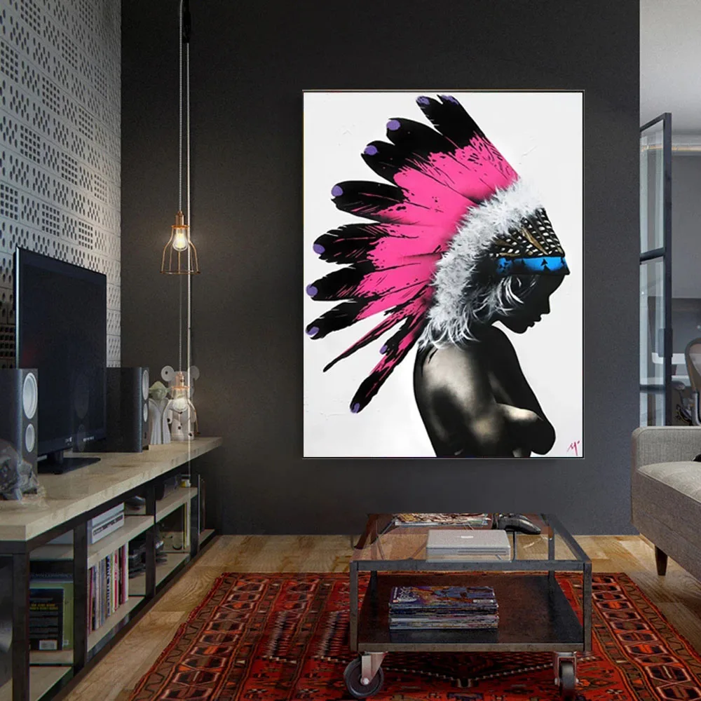

Abstract graffiti feather women canvas print wall art poster mural home wall decoration for modern living room