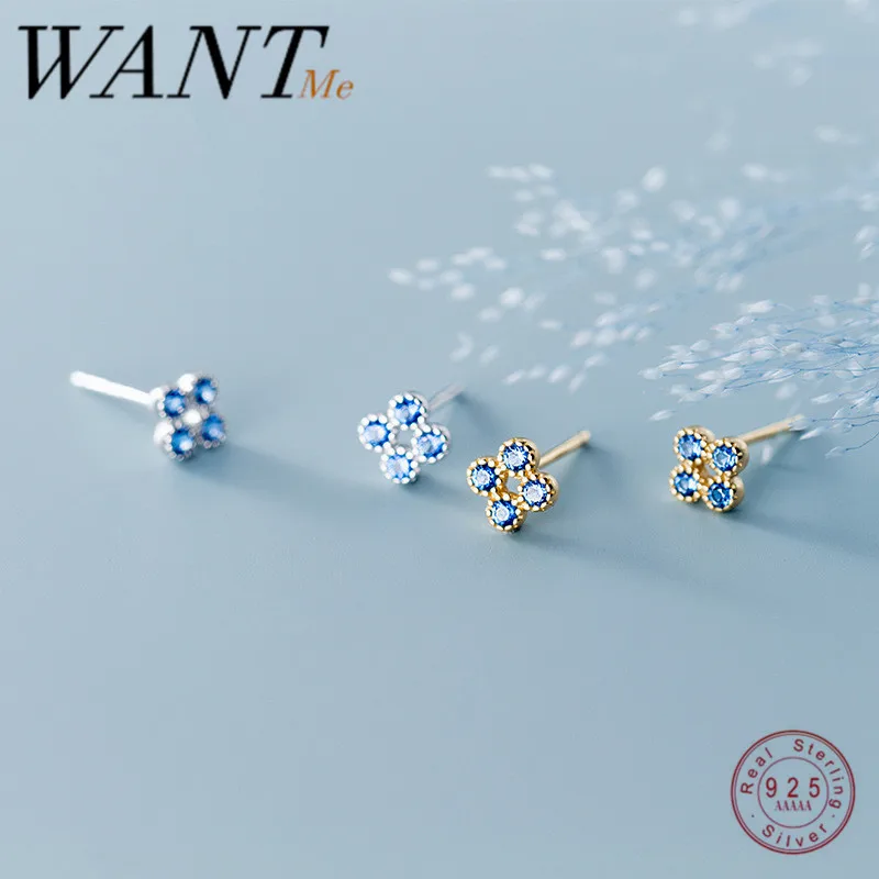 

WANTME Cute Blue Zircon Mini Small Four Petal Flower Stud Earrings for Fashion Women Real 925 Sterling Silver Teen Jewelry Gift