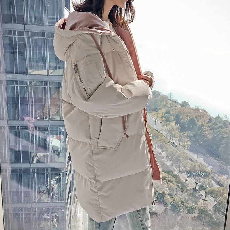 

Down Padded Jacket Women's Winter 2020 New Korean Version Casual Loose Mid-Length Thickened Hooded Solid Color Padded Coat
