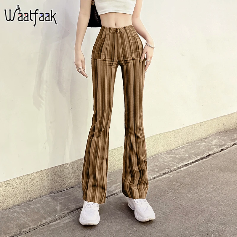 

Женские винтажные спортивные брюки Waatfaak, полосатые штаны с высокой талией в стиле ретро Харадзюку, модные корейские брюки цвета хаки и АЛТ, ...