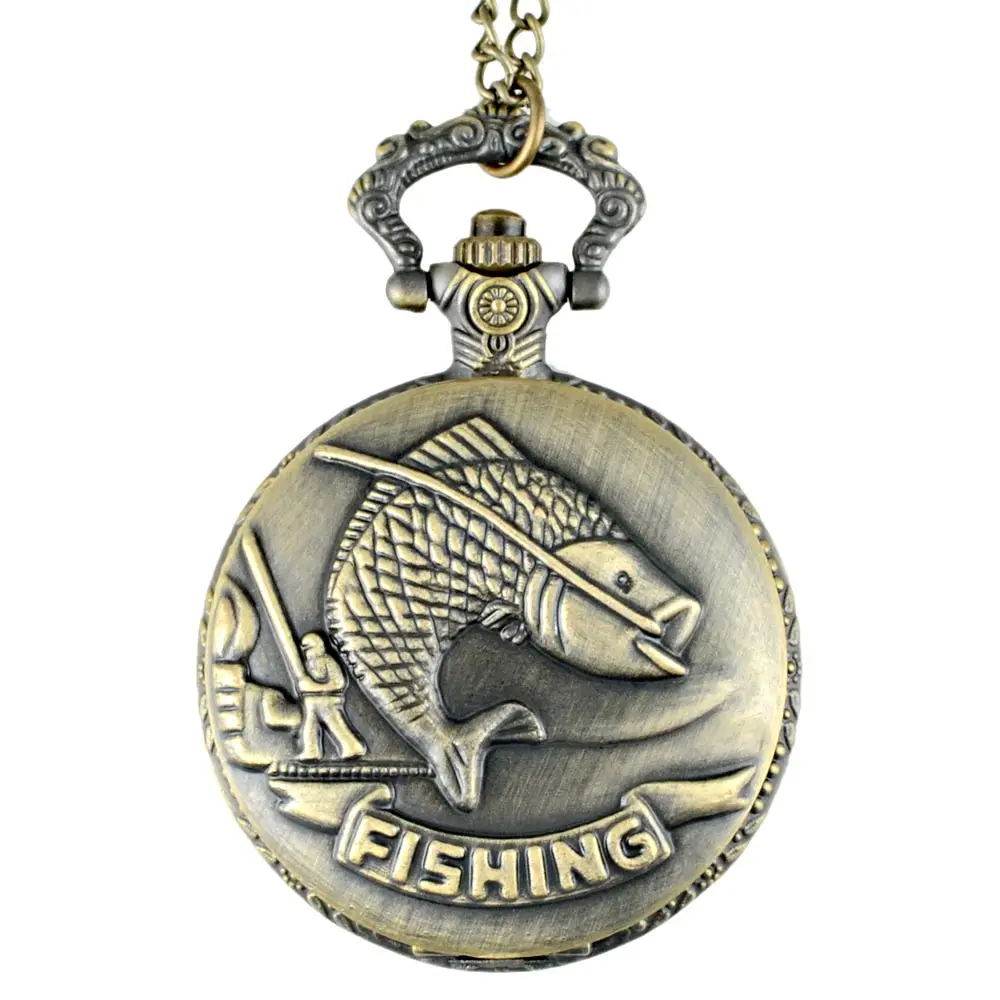 

Vintage Bronze Fishing Quartz Pocket Watch Chains Antique Men Women Casual Pendant Necklace Clock Gift