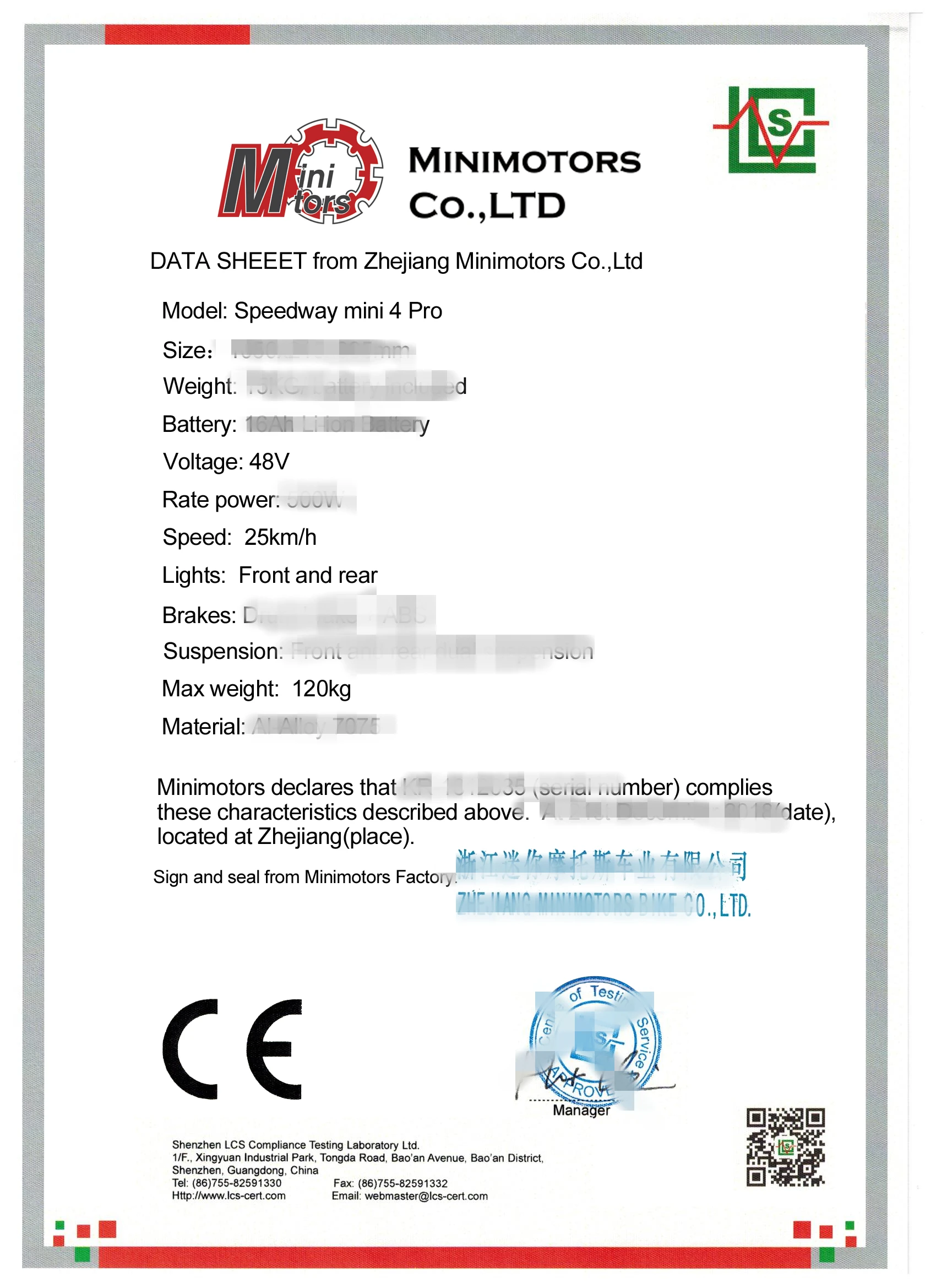 

25KM/H speed limit certificate of MINIMOTORS DUALTRON SCOOTER custom
