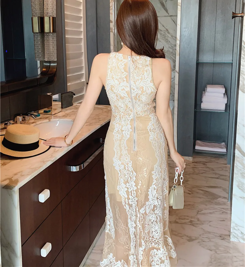 

JSXDHK Luxury Designer Beading Lace Party Dress Fashion Summer Sleeveless Ruffles Printed Bodycon Slim Tank Asymmetry Midi Dress