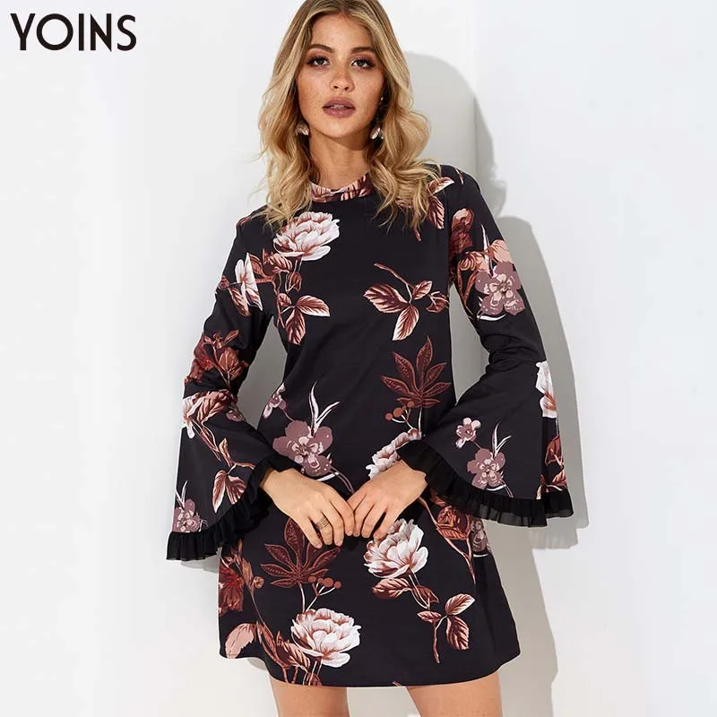YOINS цветочные платья с воротником стойкой и рукавом колокольчиком высокой талией