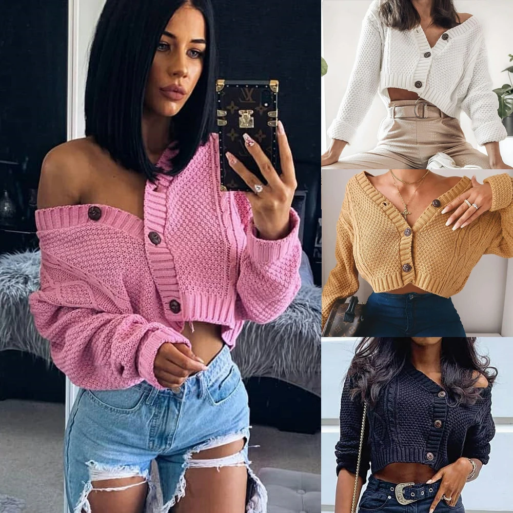 Foridol knitted crop cardigans sweater women long sleeve button casual cardigan jumper 2020 new autumn winter outfit |
