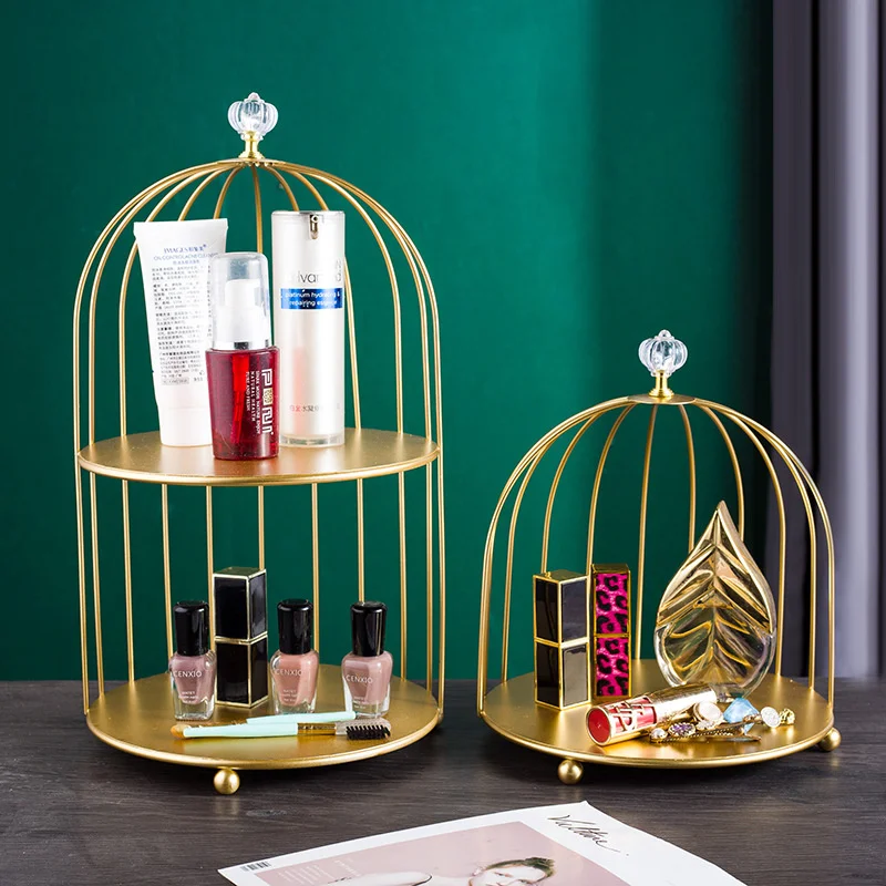 Estante de hierro de estilo n&oacute;rdico para el cuidado de la piel, jaula para p&aacute;jaros, l&aacute;piz labial, Perfume, cosm&eacute;ticos, estante de almacenamiento de productos, estante de mesa de acabado-0