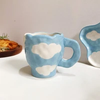 breakfast milk cup mug breakfast cup irregular hand painted flowers clouds cup ceramic afternoon tea center plate drinking set
