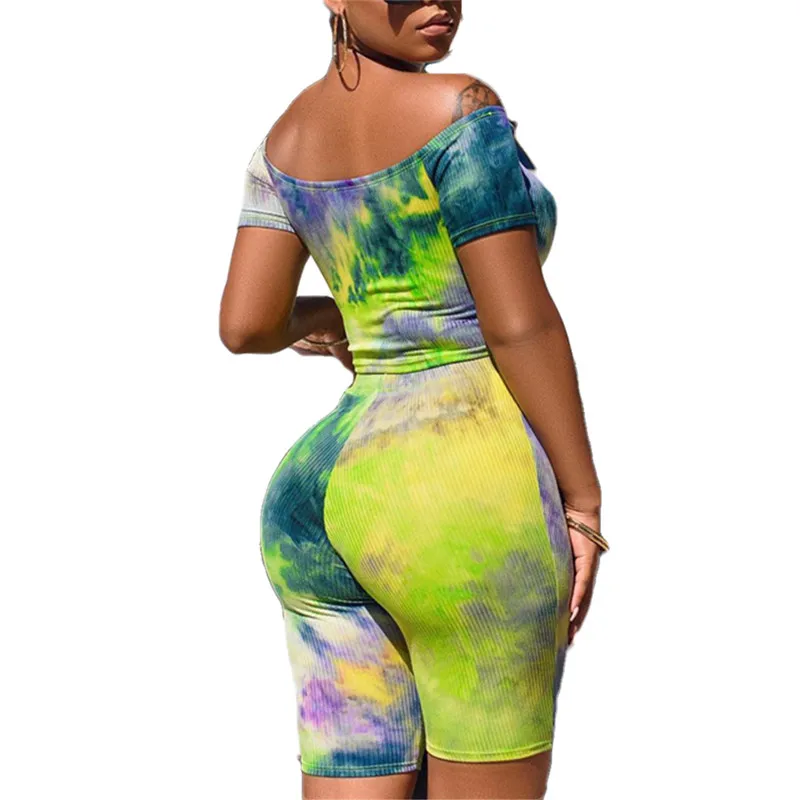 

2020 Women Summer Fashion Tie Dye Tracksuit off shoulder Drawstring crop Top Biker Shorts Sweat Suit Set 2 Pcs printing sunsuit