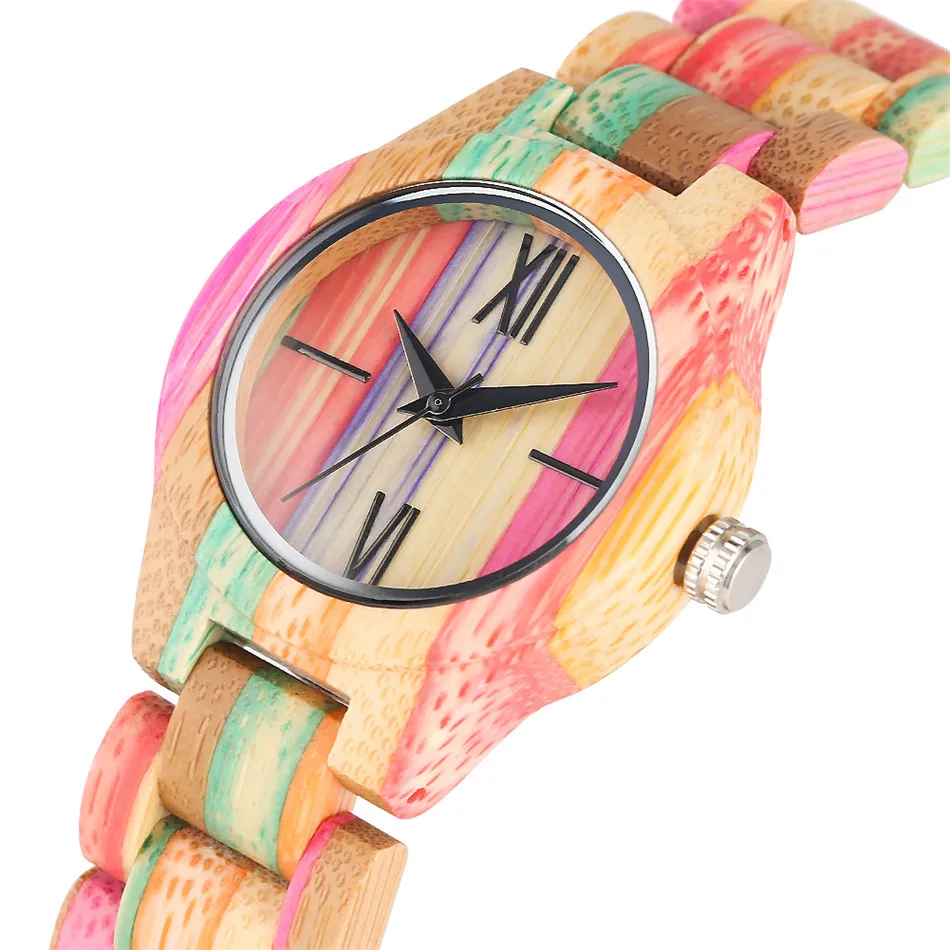 

REDFIRE Stylish Creative Multi-Colored Quartz Women's Bamboo Wood Bangle Wrist Watch Folding Clasp Wooden Lady Watches