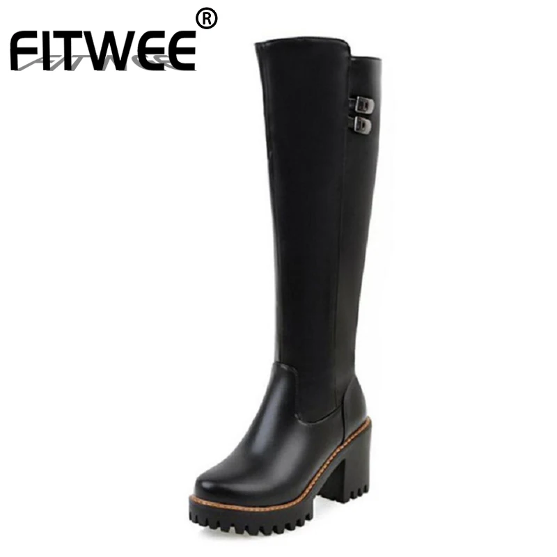 FITWEE/4 цвета; женская зимняя обувь; сапоги на высоком каблуке; сапоги до колена на платформе с металлической пряжкой; модная женская обувь; размеры 34-43