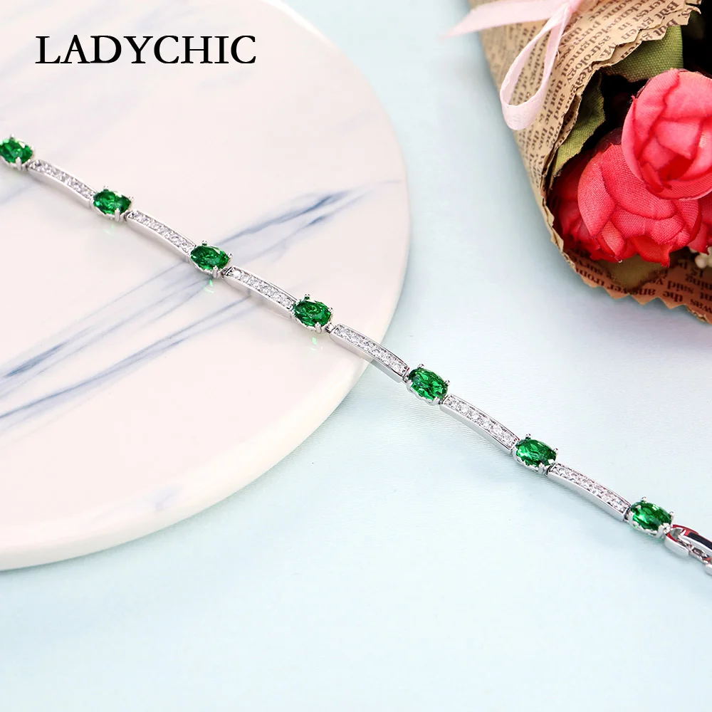LADYCHIC роскошный голубой зеленый овальный циркон серебряный цвет браслеты очаровательный кристалл невесты свадебные украшения для женщин Модный браслет LB1001