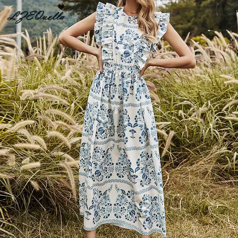

LZEQuella Women's Summer New Style O Neck Backless Boho Print Ruffles Dress Fashion Ladies Holiday Beach Sundress Party Vestidos