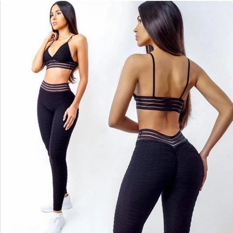 

Textured Scrunch Yoga Set Solid Color Women Tank Top Training Fitness Stretchy Anti-Sweat Breathable Leggings Push Up Sport Suit