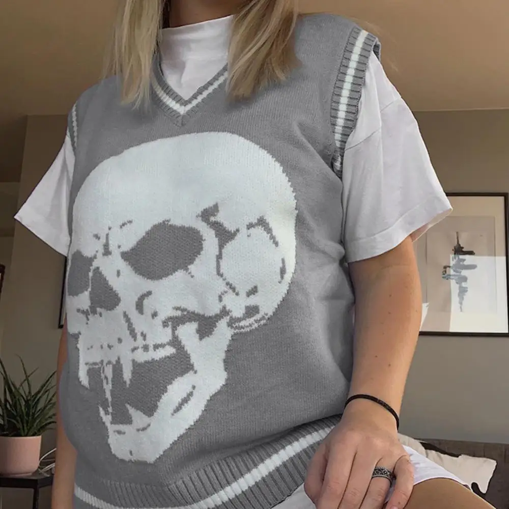 

Y2K Sweaters Skulls Pullovers V Neck Blue Knitwear Loose Casual Tank Top Women Streetwear Retro Knit Tops 2020 Autumn