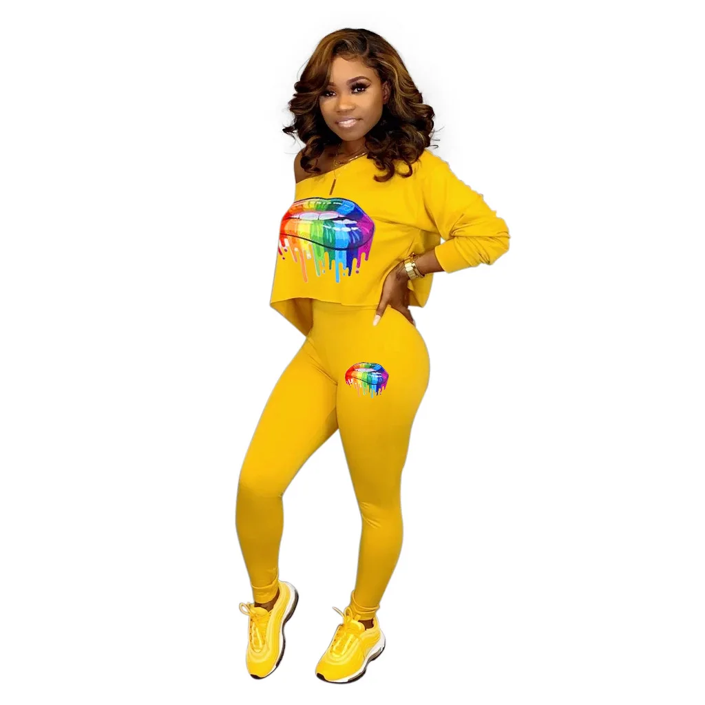 2019 осенне зимний женский комплект с принтом рта укороченный топ брюки карандаш