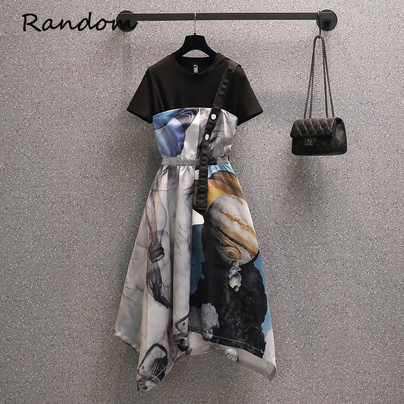 

Размера плюс для женщин 2021 летнее Открытое платье с цветочным рисунком костюм комплект: футболка и ремень Платье с принтом для девочек комп...