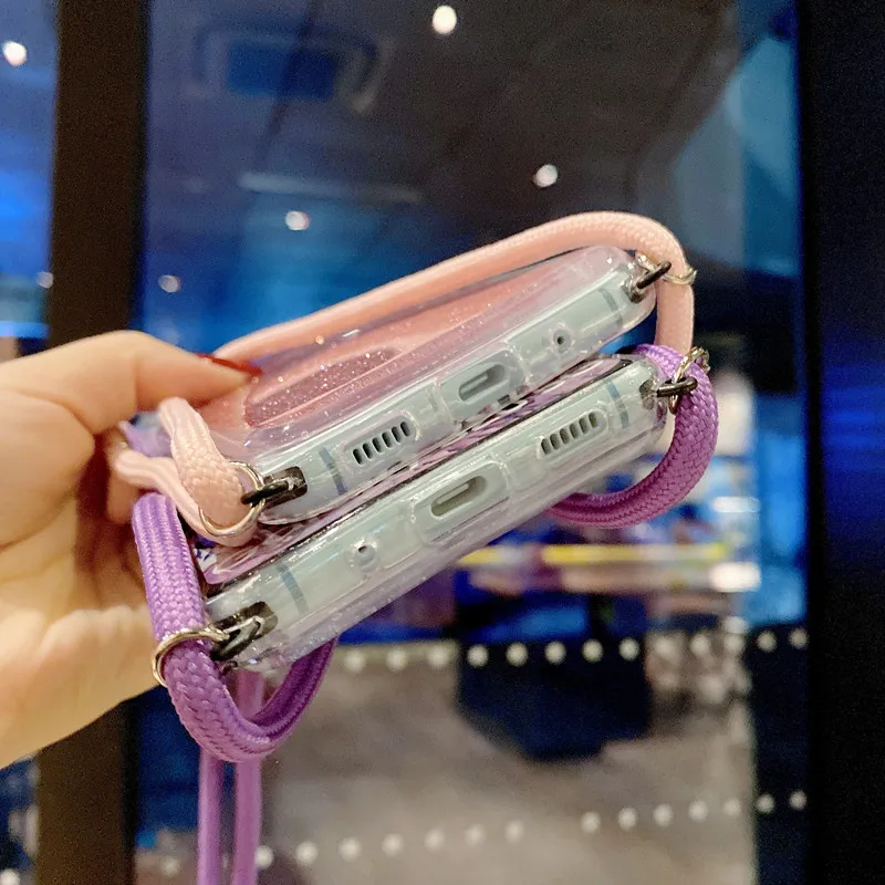 Стреп Корд Чейн Лэниард Глиттер Жидкий Силиконовый Чехол для Samsung Galaxy J4 J6 J8 2018 Plus Core J2 J3 J5 J7 Prime 2016 Ковер он.