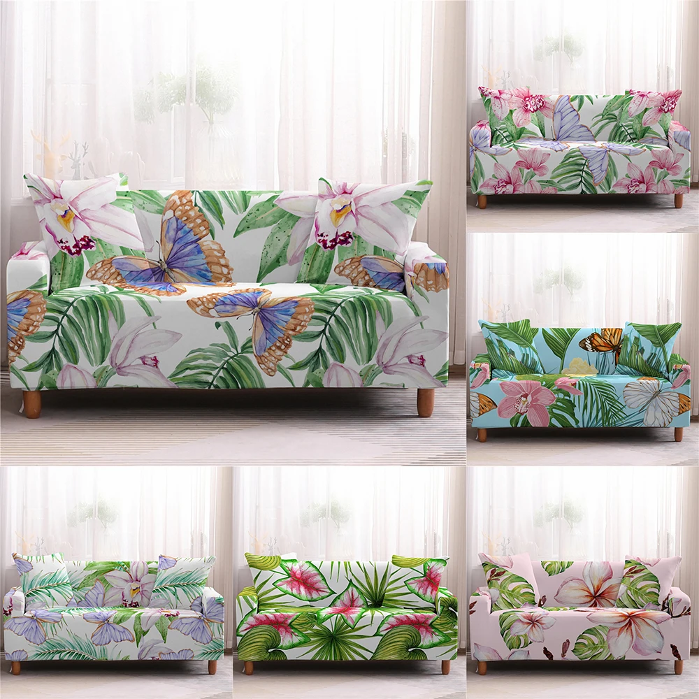

Tropical Leaves Slipcovers Butterfly Elastic Sofa Cover for Living Room Couch Cover Furniture Protector Sofa Towel 1-4-Seater